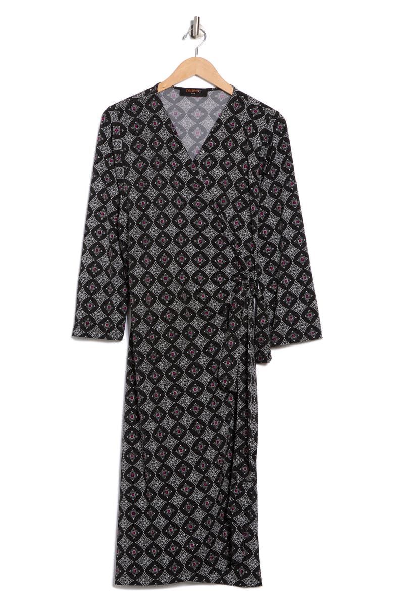 Renee C Geometric Long Sleeve Jersey Wrap Dress, Alternate, color, Black