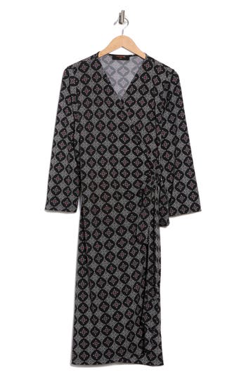 Renee C Geometric Long Sleeve Jersey Wrap Dress In Black