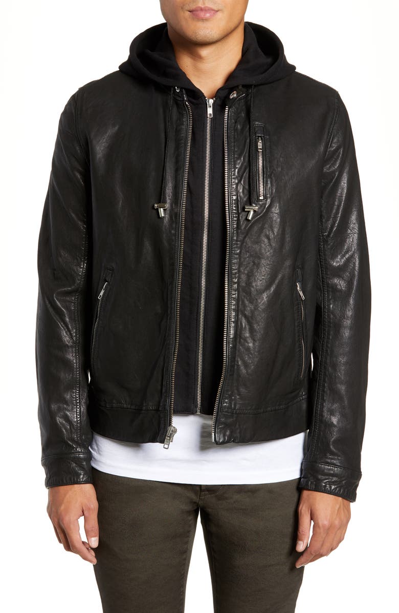 LAMARQUE Washed Leather Jacket with Hoodie Insert, Main, color, Black