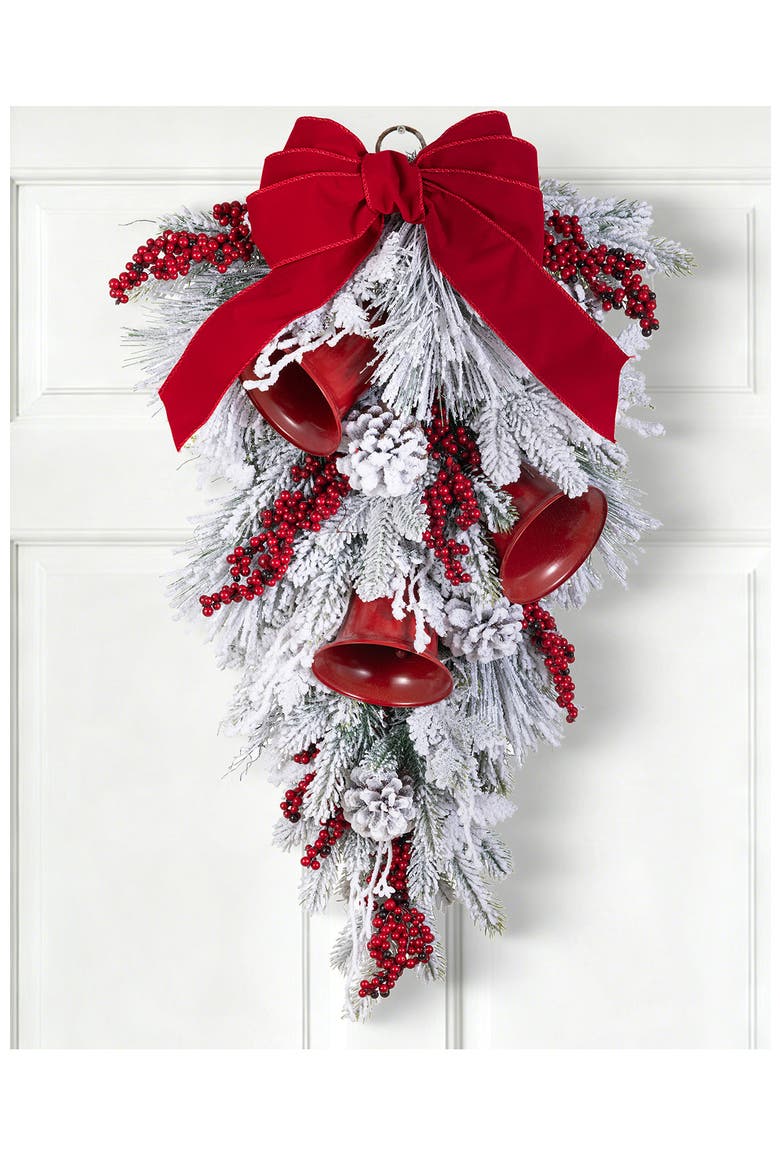 Christmas Flocked Pinecone & Berry Teardrop Wreath, Alternate, color, White