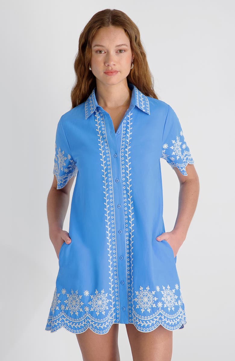 French Connection Alissa Embroidered Cotton Mini Shirtdress, Alternate, color, Poolside Blue-White