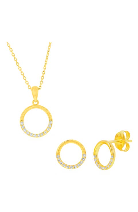 Cubic Zirconia Circle Stud Earrings & Pendant Necklace Set