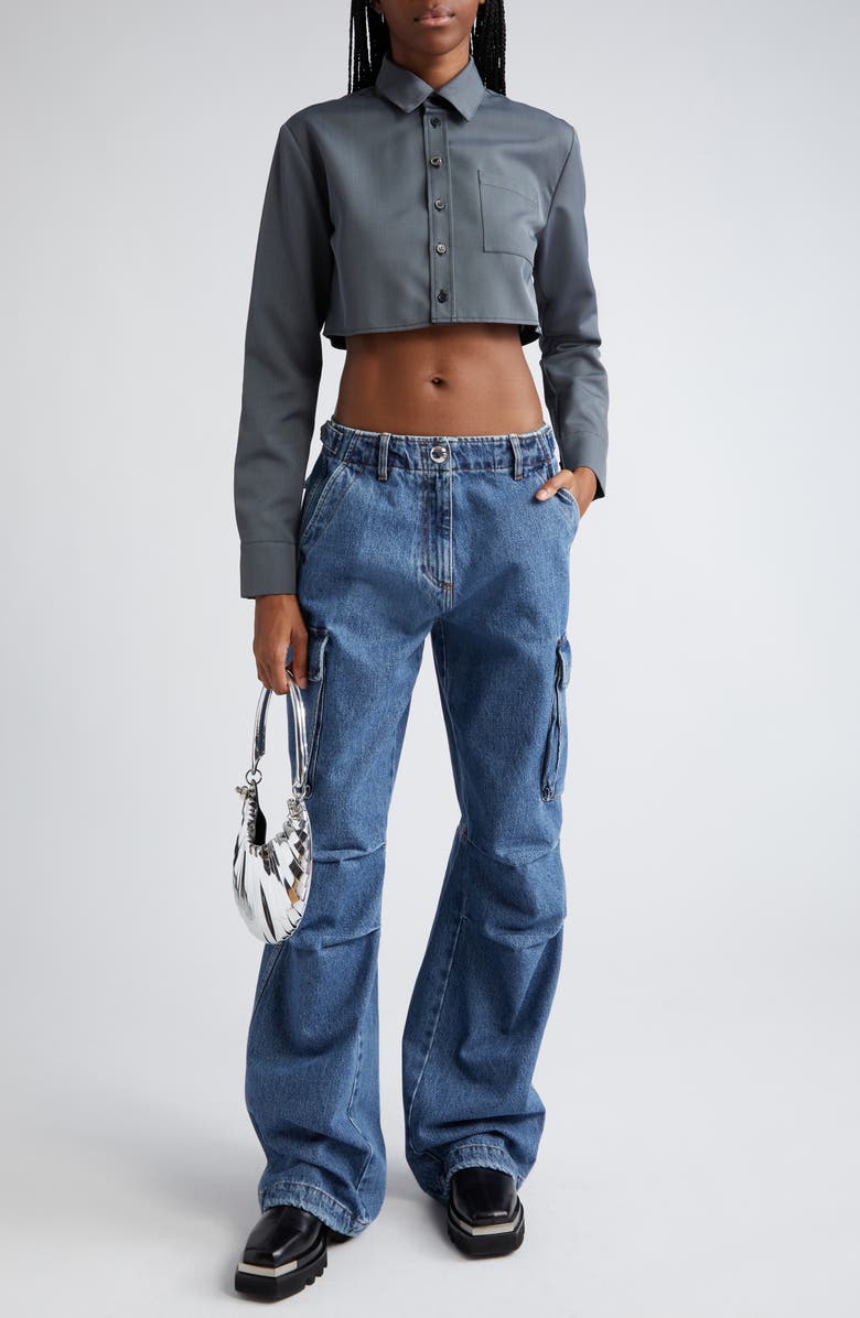 Coperni Boxy Herringbone Crop Button-Up Shirt, Alternate, color, 