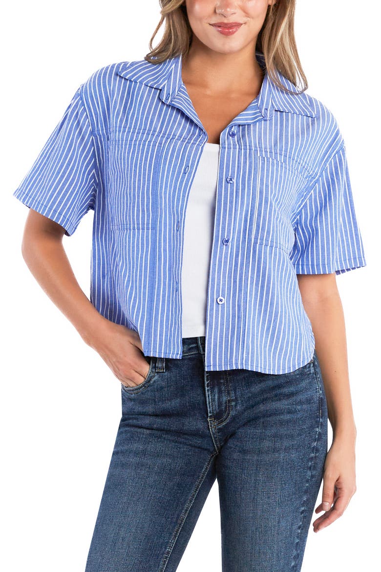 Spot On Stripe Linen Blend Crop Button-Up Shirt, Alternate, color, NAUTICAL STRIPES