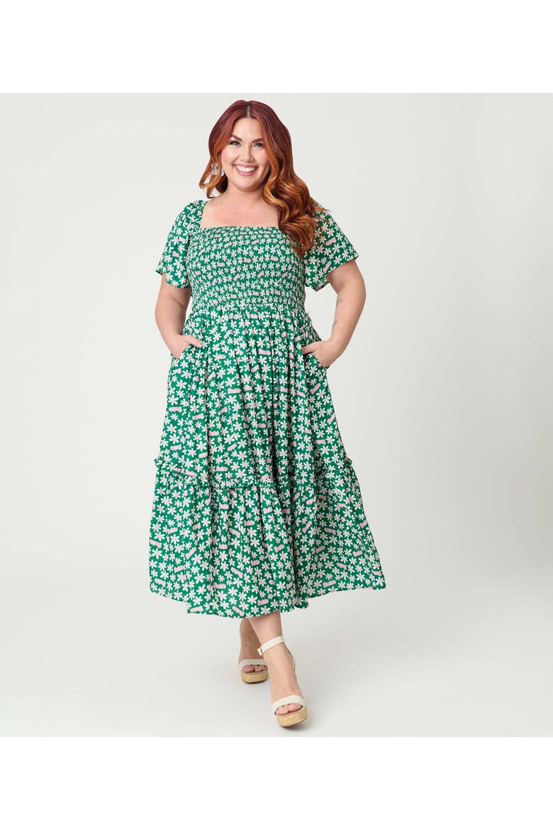 Plus Size Smocked Bodice Midi Dress, Alternate, color, Green Ditsy Floral