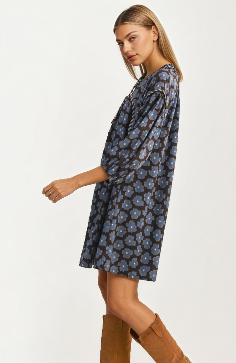 Knit and Lounge Floral Tie Neck Mini Dress With Long Sleeves, Alternate, color, Blue Floral