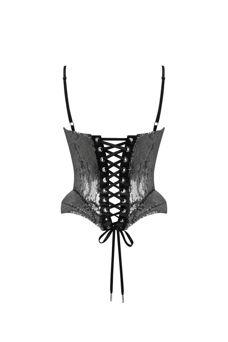 Fitted Hourglass Spaghetti Strap Sequined Corset for Cocktail Events, Alternate, color, Gray
