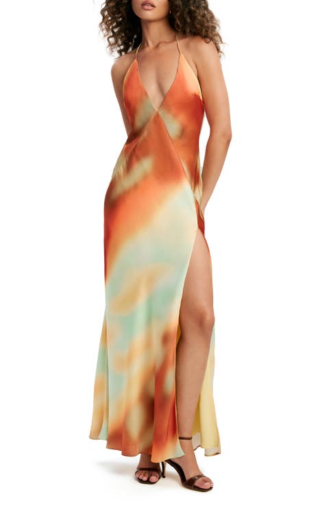 Lizbeth Abstract Sunrise Print Satin Maxi Dress