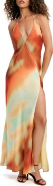 Bardot Lizbeth Abstract Sunrise Print Satin Maxi Dress