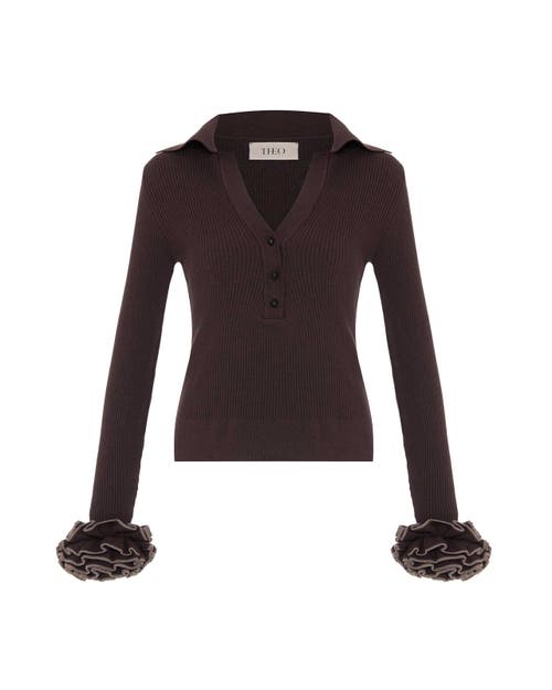 Theo The Label Nomia Ruffle Sleeve Johnny Sweater In Brown