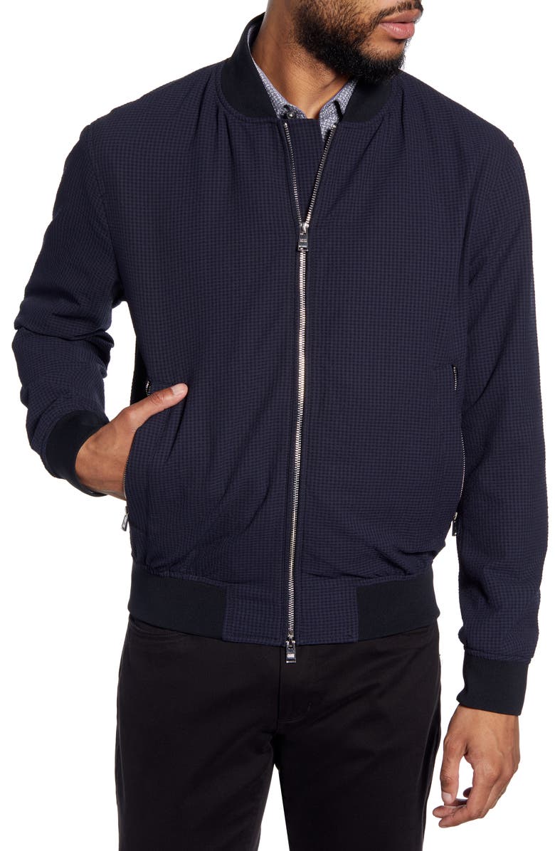 BOSS Cadus Regular Fit Seersucker Check Bomber Jacket, Alternate, color, 
