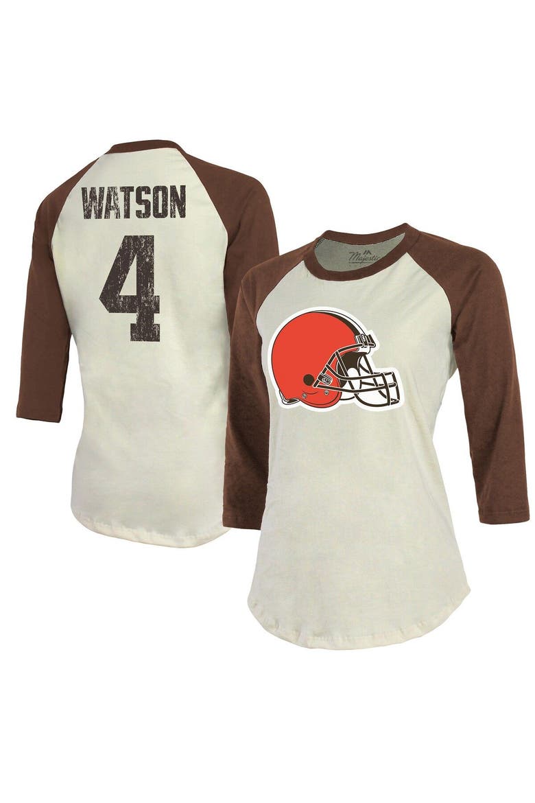 Women's Majestic Threads Deshaun Watson Cream/Brown Cleveland Browns Name & Number Raglan 3/4 Sleeve T-Shirt, Main, color, Cream