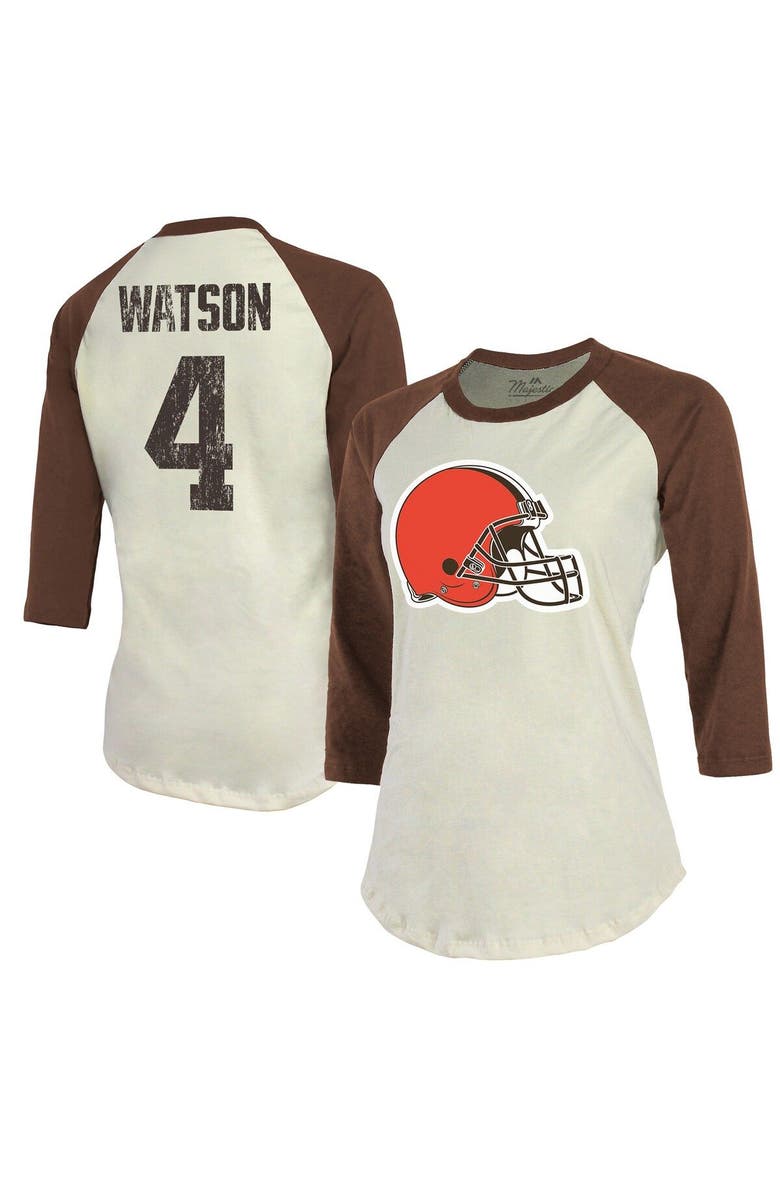 Majestic Threads Women's Majestic Threads Deshaun Watson Cream/Brown Cleveland Browns Name & Number Raglan 3/4 Sleeve T-Shirt, Main, color, Cream