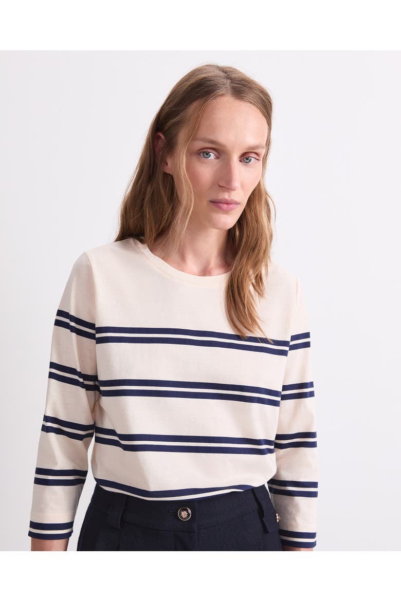 Stripe 3/4 Sleeve Mercerised Top, Alternate, color, Winter White/ Navy