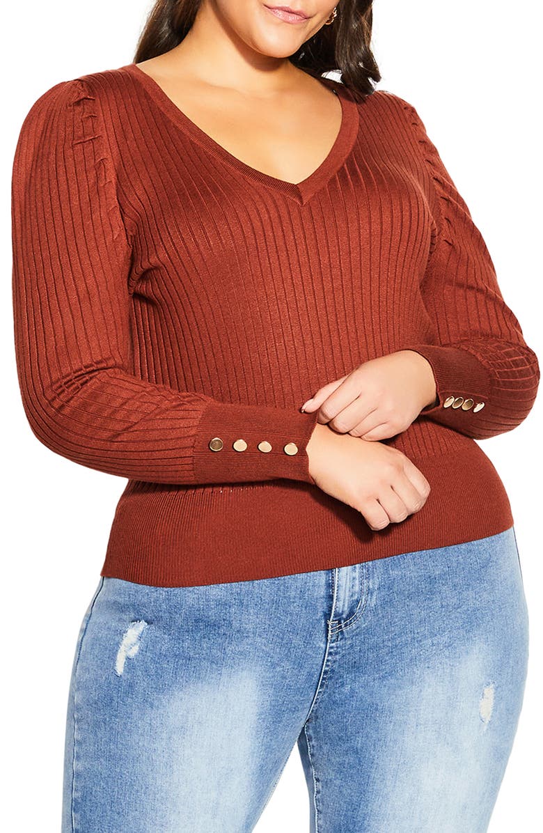 City Chic Rebel Rock Button Cuff Rib Sweater, Main, color, 