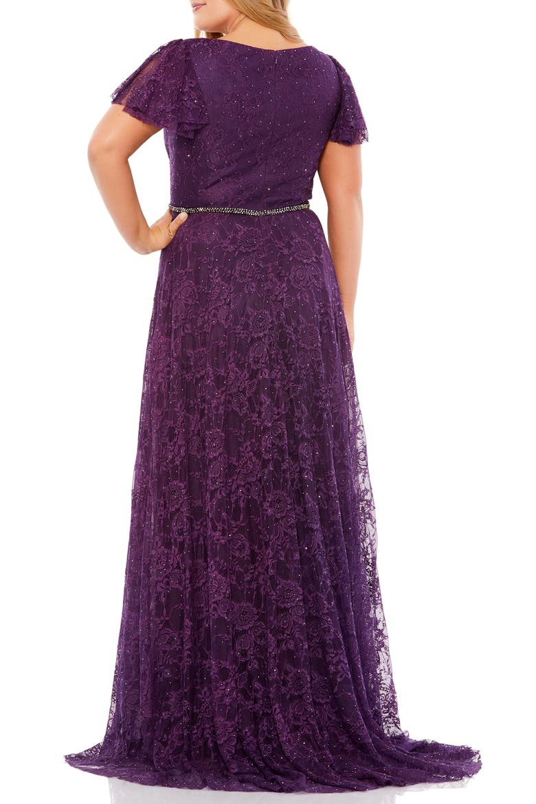 Ruffle Sleeve Lace Gown, Alternate, color, AUBERGINE