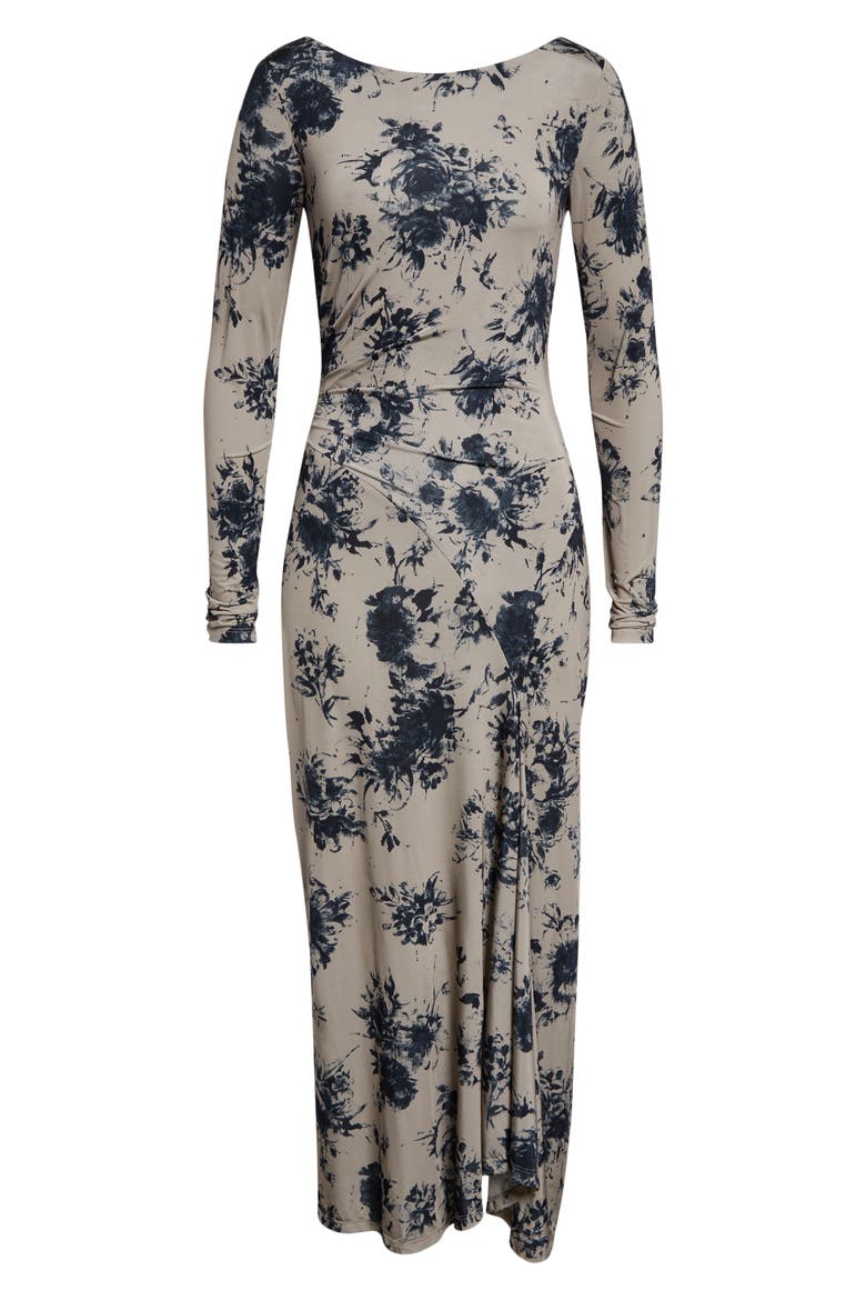 Floral Printed Draped Jersey Midi Dress, Alternate, color, CLAY