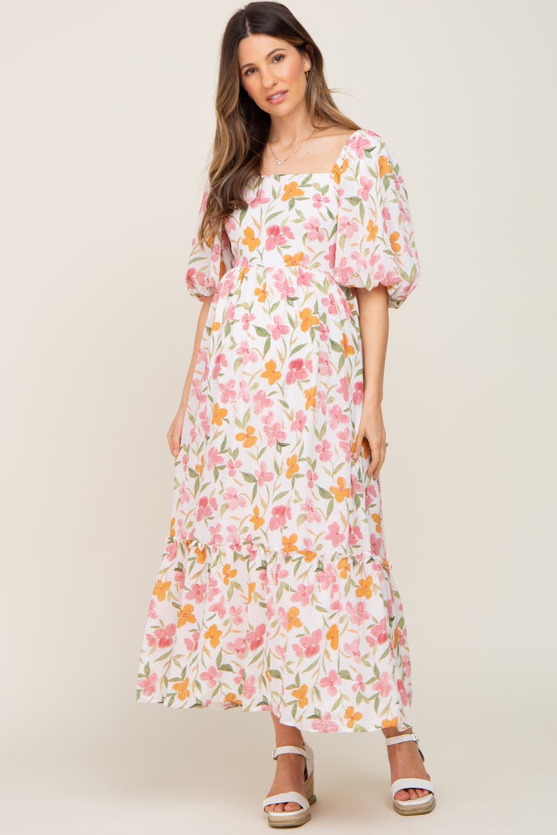 Floral Puff Sleeve Maxi Dress, Alternate, color, White