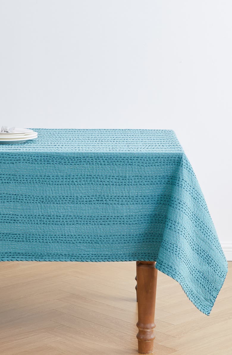 MELANGE HOME Kantha Reversible Cotton Throw Blanket, Alternate, color, Navy And Teal