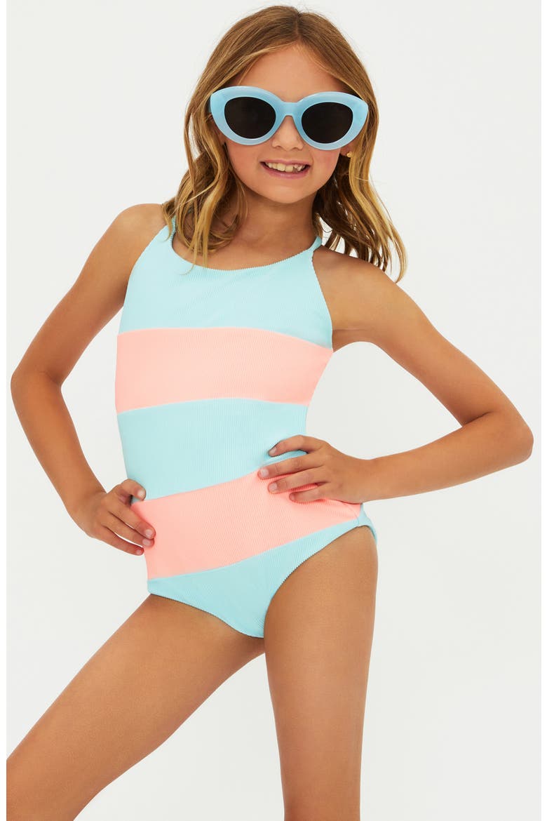 Kids' Little Calista Stripe One-Piece Swimsuit, Main, color, GUAVA JELLY COLORBLOCK