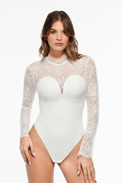 Shapewear Mock Neck Long Sleeve Floral Lace Bodysuit