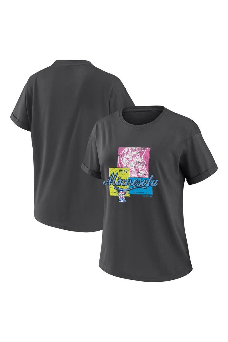 Women's WEAR by Erin Andrews Charcoal Minnesota Twins Domestic Box Color Boyfriend T-Shirt, Main, color, Charcoal