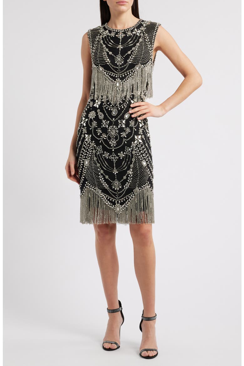 Beaded Fringe Cocktail Dress, Main, color, SILVER