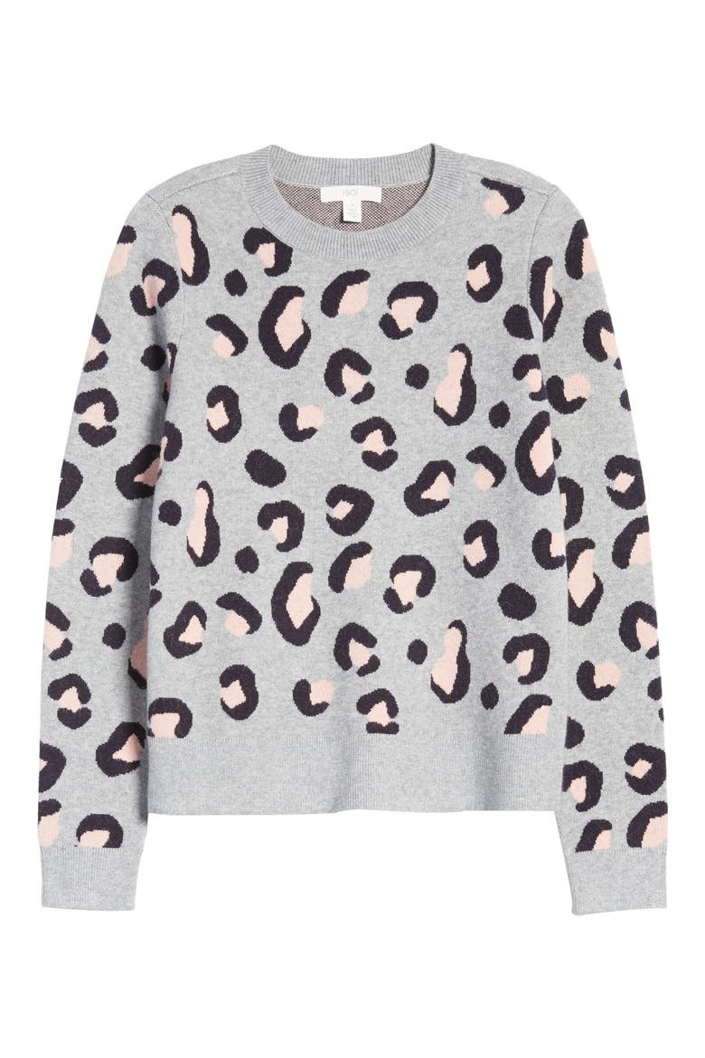 Cheetah Pattern Crewneck Sweater, Alternate, color, GREY HEATHER SWEATER CHEETAH