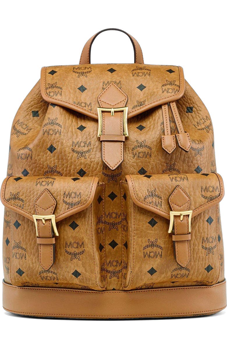 MCM Small Aren Drawstring Backpack in Visetos, Main, color, Brown