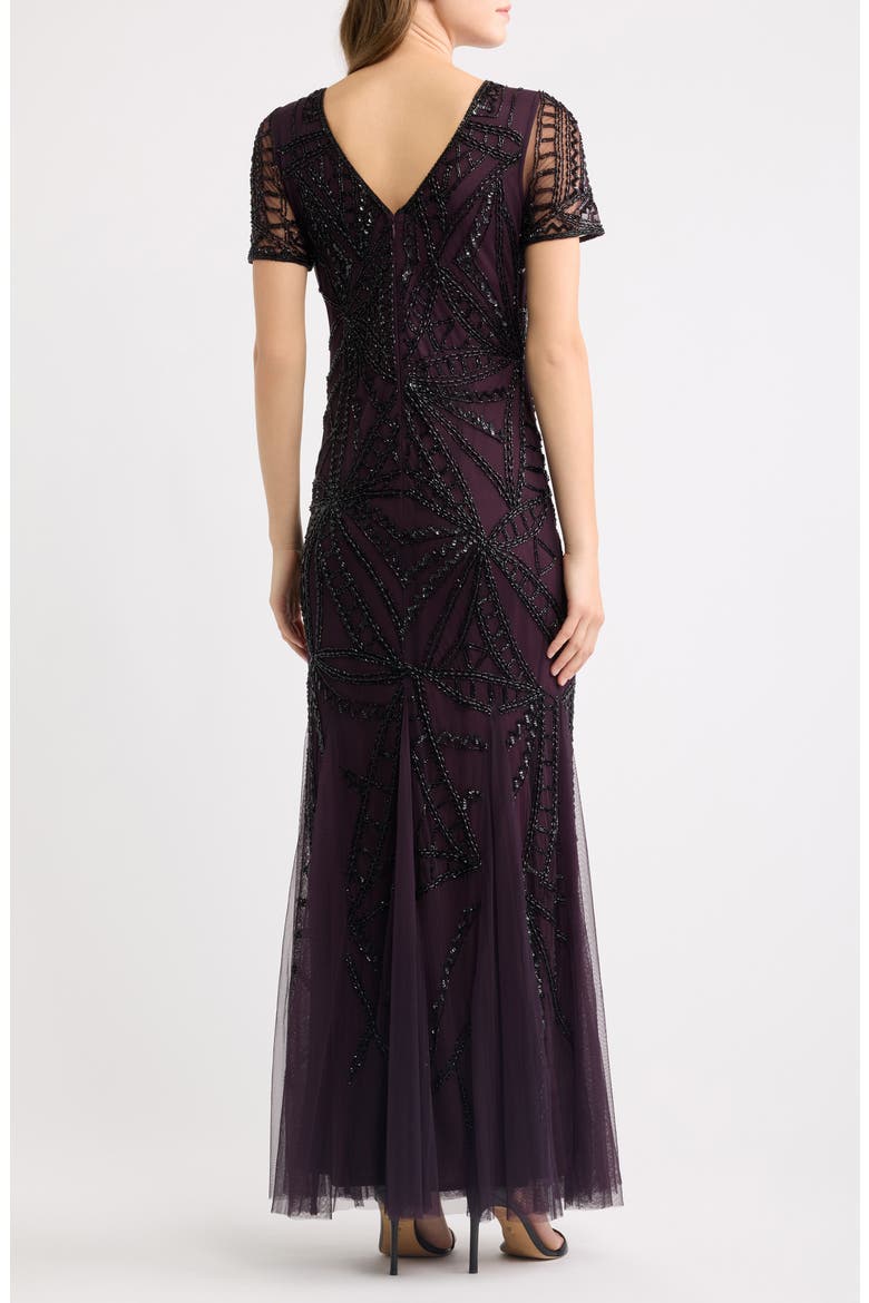 Beaded Short Sleeve Gown, Alternate, color, WINE