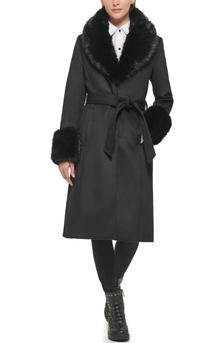 KARL LAGERFELD PARIS Longline Wool Blend Coat with Faux Fur Trim, Alternate, color, 