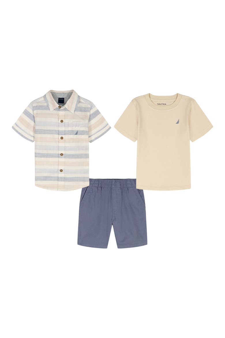 Kids' Short Sleeve Button-Up Shirt, T-Shirt & Shorts Set, Main, color, ASSORTED BEIGE