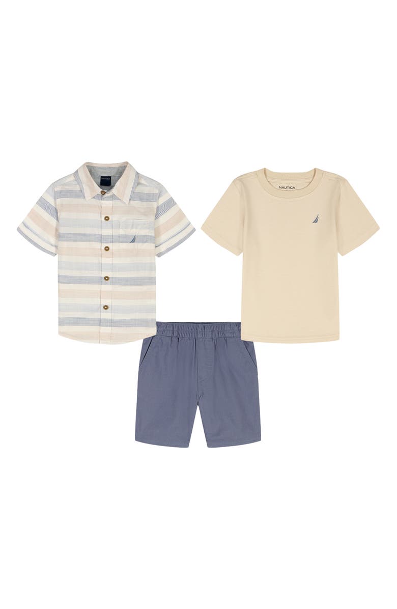 Nautica Kids' Short Sleeve Button-Up Shirt, T-Shirt & Shorts Set, Main, color, Assorted Beige