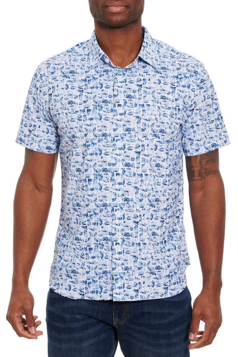 Maddox Cubist Short Sleeve Button-Up Performance Shirt, Main, color, BLUE