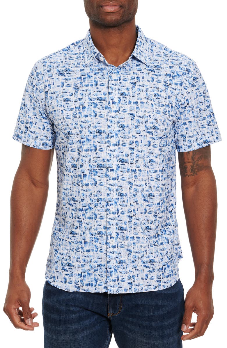 Robert Graham Maddox Cubist Short Sleeve Button-Up Performance Shirt, Main, color, 
