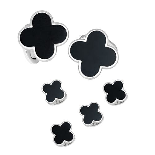 Jan Leslie Four Leaf Clover Sterling Cufflinks & Studs In Black