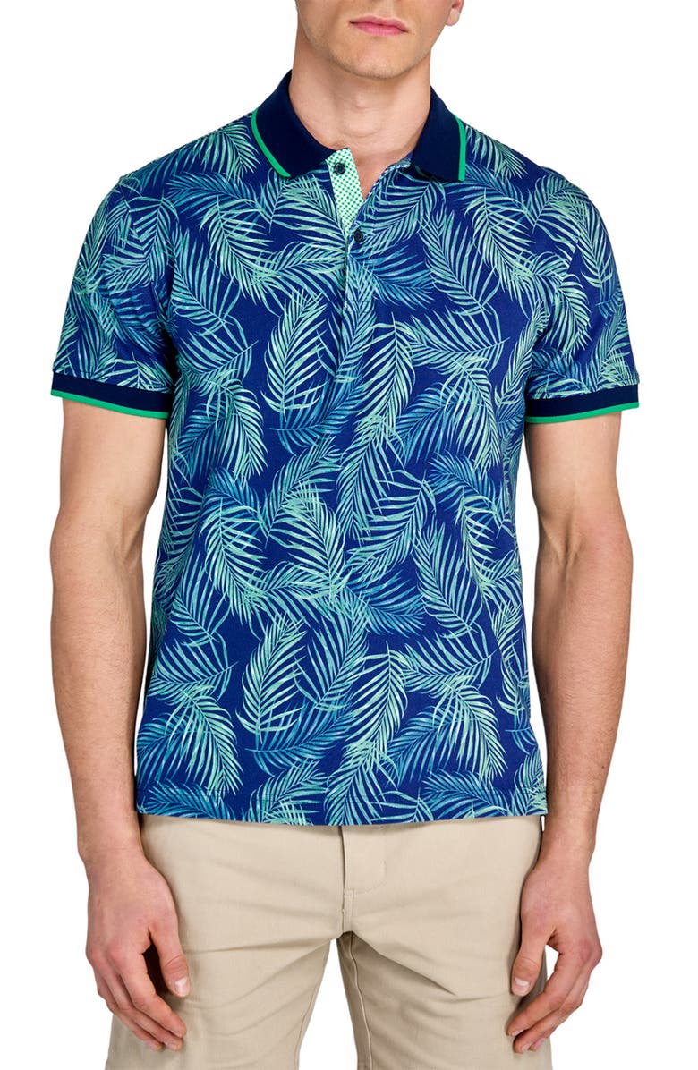 CONSTRUCT Slim Fit Floral Cotton Stretch Pique Polo, Main, color, Navy/Green