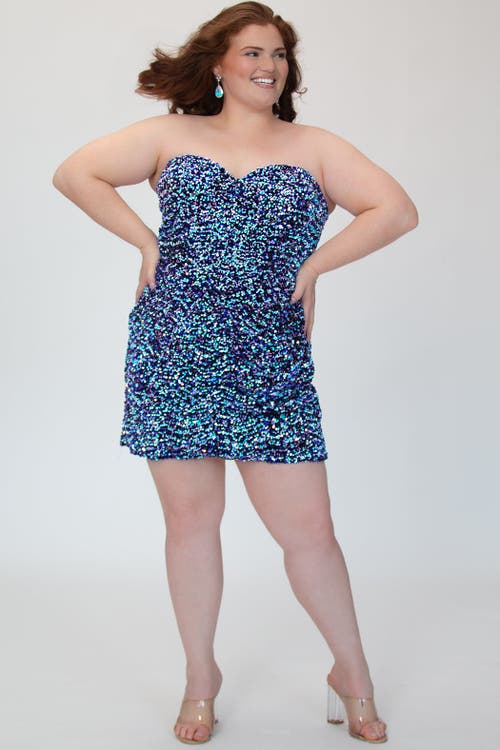 Sydney's Closet Sequin Strapless Plus-size Corset Mini Party Dress In Blue