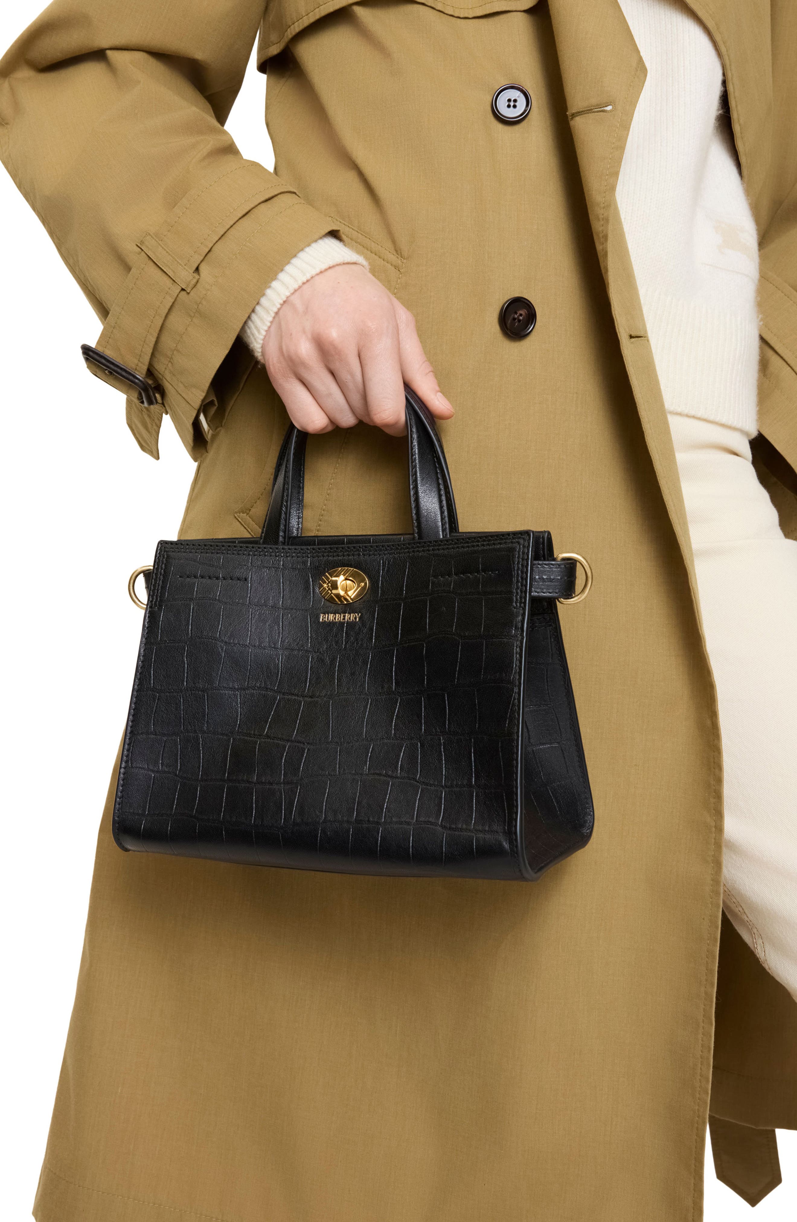 Burberry Mini Cotswolds Croc Embossed Leather Tote, Alternate, color, Black