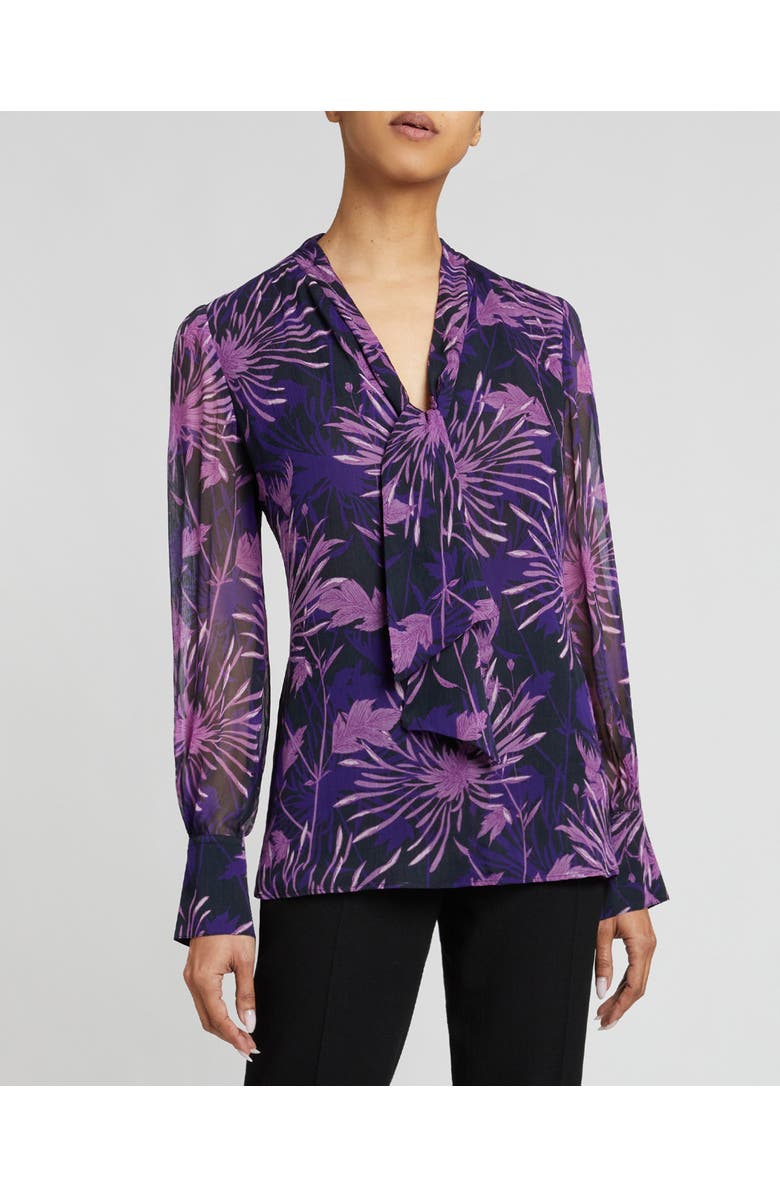 Santorelli Francis Blouse with Neck Tie in Abstract Floral Crinkled Georgette, Main, color, Cool Purple