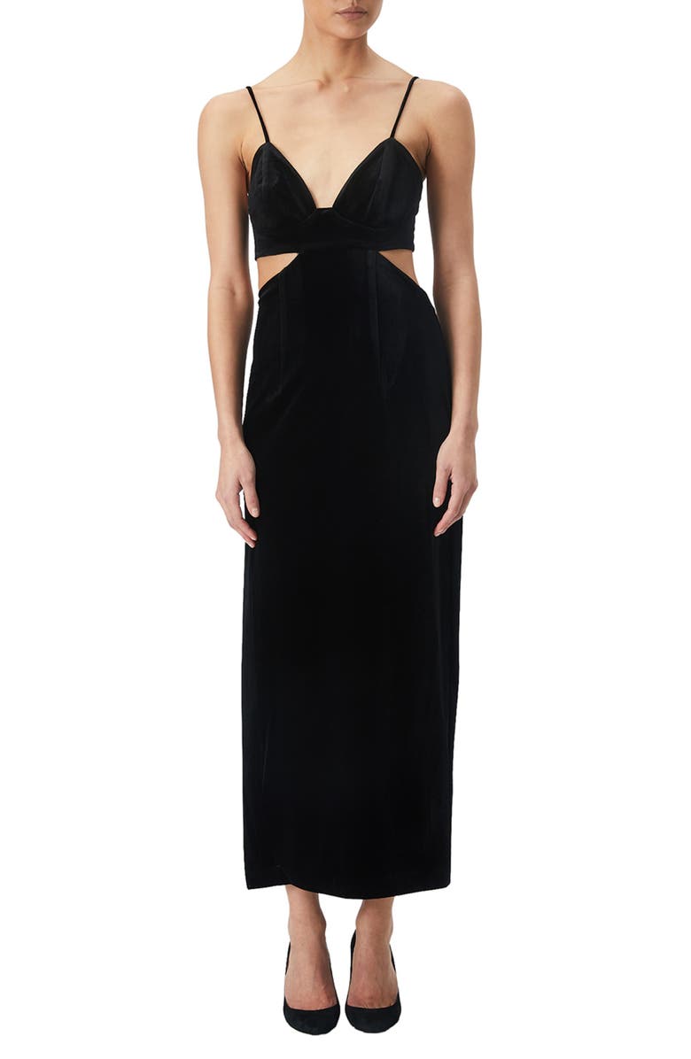 Bardot Cutout Velour Midi Dress, Main, color, 
