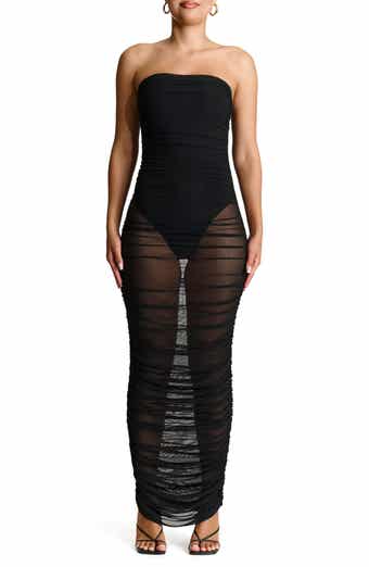 Naked Wardrobe Shirred Strapless Mesh Maxi Dress