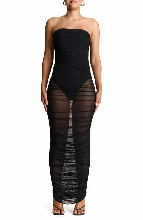 Naked Wardrobe Shirred Strapless Mesh Maxi Dress
