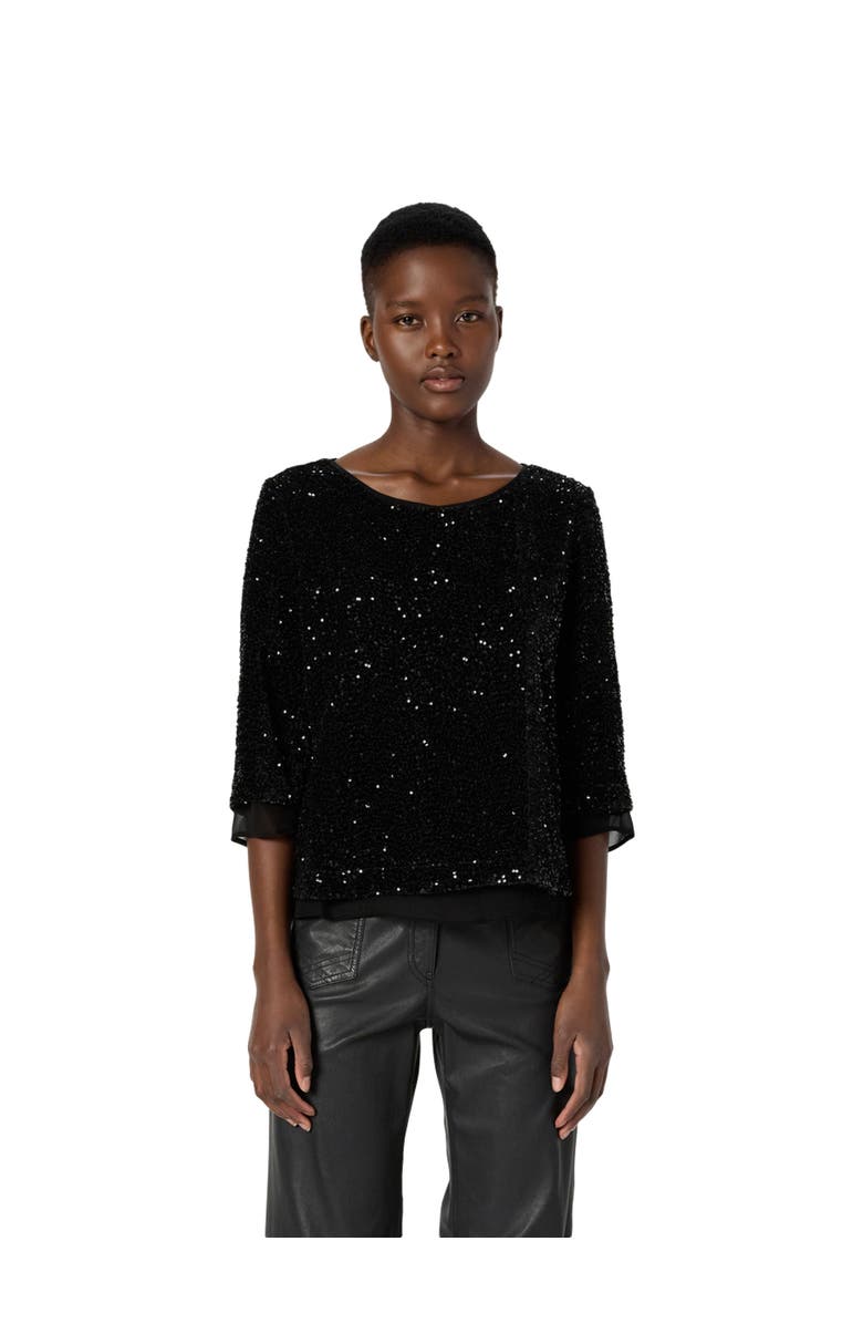 GERARD DAREL Alienor Sequin 3/4 Sleeve Voile Trim Top, Main, color, Black