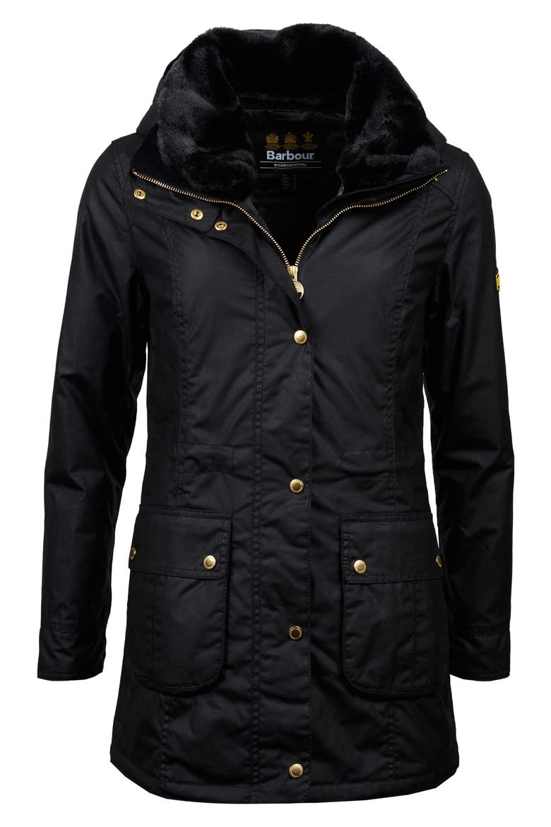Barbour B.INTL Kirk Hooded Waxed Cotton Jacket with Faux Fur Trim, Alternate, color, BLACK