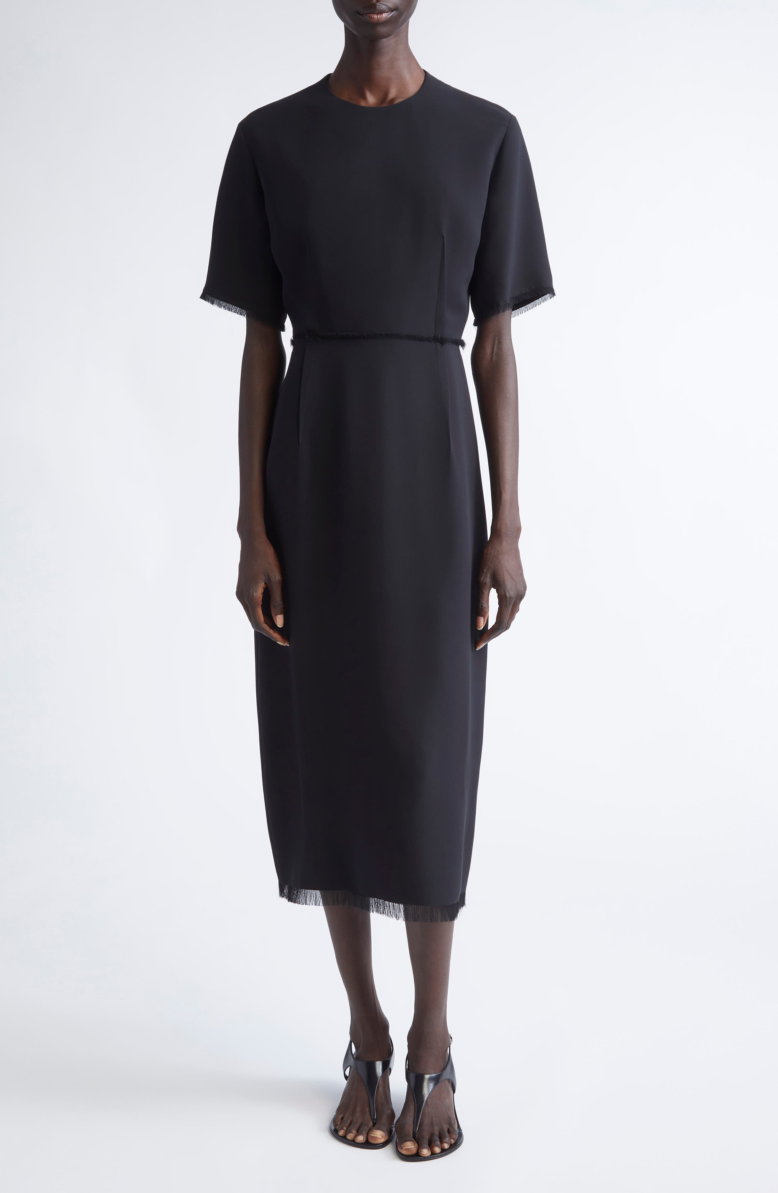 FFORME Brooke Fringe Trim Silk T-Shirt Dress in Black 