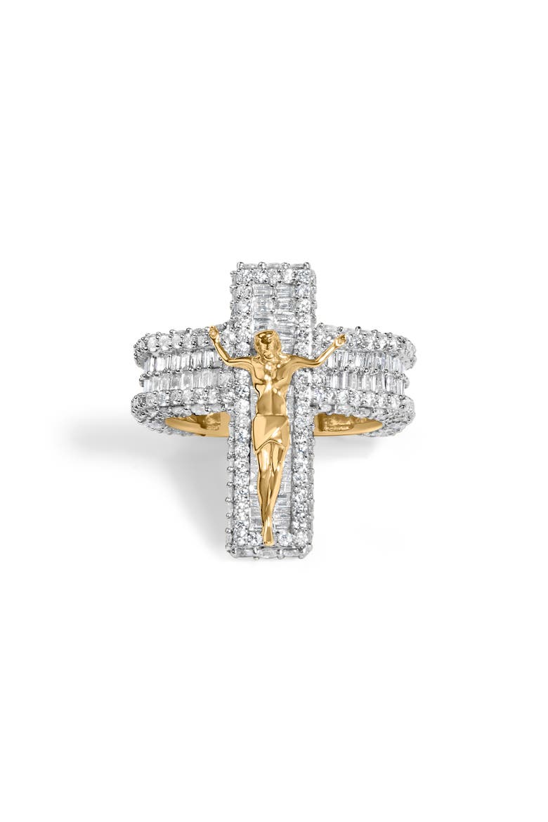 Men's 10K Yellow Gold 5-2/5 Ctw Diamond Jesus Crucifix Cross Cocktail Ring, Main, color, Yellow Gold