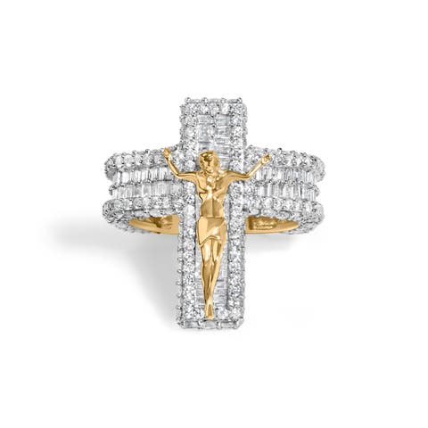 Men's 10K Yellow Gold 5-2/5 Ctw Diamond Jesus Crucifix Cross Cocktail Ring