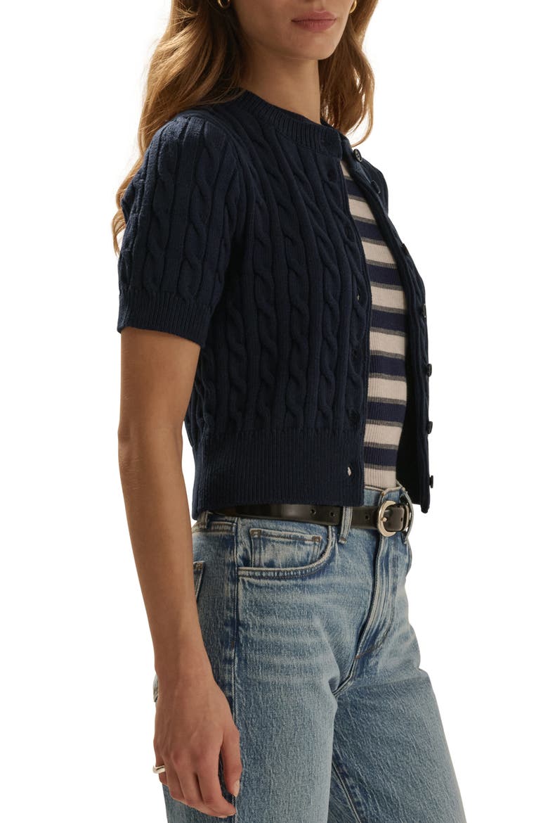 The Cafe Cable Short Sleeve Cardigan, Alternate, color, NAVY