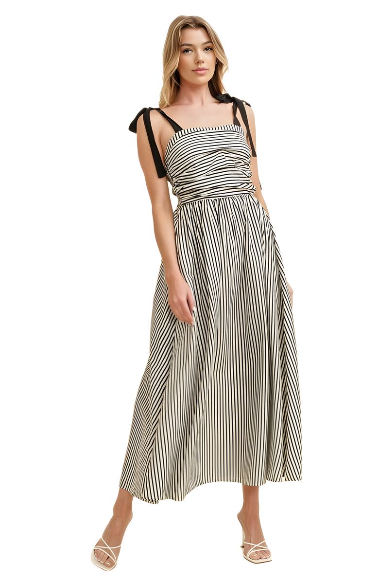 Knit and Lounge Striped Shoulder Tie Maxi Dress, Main, color, Black / White Stripes
